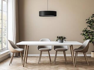 A modern minimalist interior design of a residential dining room with pendant lights visible and beige walls and dining tables and chairs. Generative AI
