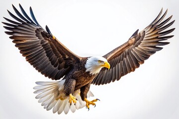 Fototapeta premium Majestic American Bald Eagle in Flight, Isolated on White Background - Aerial View