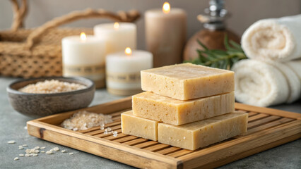 Natural soap bars stacked on wooden tray with candles and rice