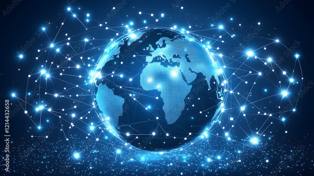 Poster globe with a network of stars and dots representing global connectivity and technology