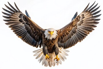 Fototapeta premium Majestic Bald Eagle in Flight, Isolated on White Background - Macro Photography