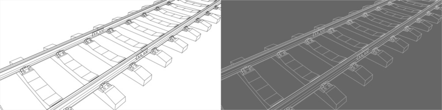 illustration of a railway track in an isometric perspective, with one side on a transparent background and the other on a dark gray background.