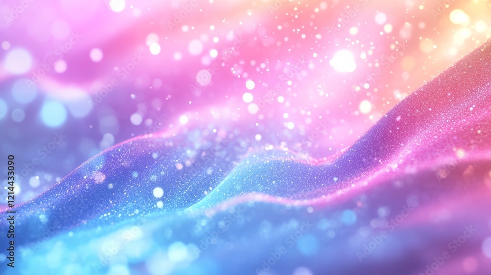Poster colorful abstract background featuring glowing particles floating gently over rolling hills, creatin