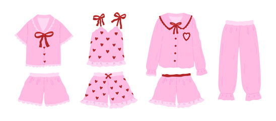 Set of cozy cute woman homewear. Coquette pink comfy pajamas, top, shirt, shorts, blouse, pants decorated red bows, hearts, beautiful collar. Vector flat illustration isolated on white background