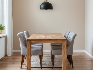 A modern minimalist interior design in a dining room with a wooden dining table and chairs. Generative AI
