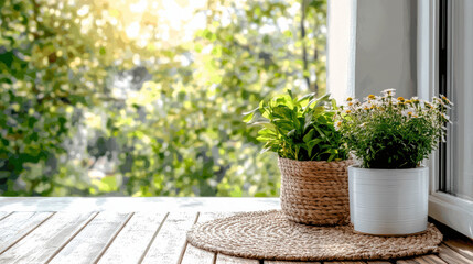 Fototapeta premium sunny terrace with potted plants and natural rug creates serene atmosphere
