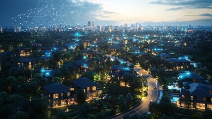 Fototapeta premium Aerial perspective of a smart city suburb with interconnected homes, green spaces, and innovative technology, symbolizing modern urban development.