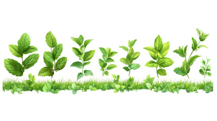 Fresh Mint Sprigs Collection: A vibrant collection of fresh mint sprigs, showcasing various sizes and growth stages, set against a bed of lush green grass. Perfect for culinary, herbal.