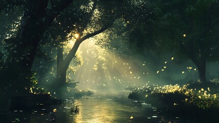 Obraz premium Magical Forest River Sunbeams Autumn Leaves Mystical Landscape