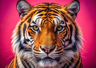 Fototapeta premium Majestic Bengal Tiger Head Close-Up, Pink Background - Drone Photography Stock Photo