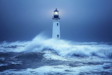 Lighthouse stands resolutely amidst turbulent ocean waves during a stormy evening on the coast