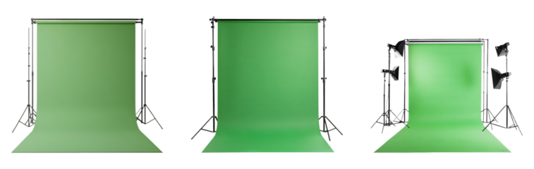 Green backdrop setup for photography with studio lighting on transparent