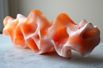 Vibrant coral-inspired sculpture showcasing intricate design and fluid shapes in bright orange and...