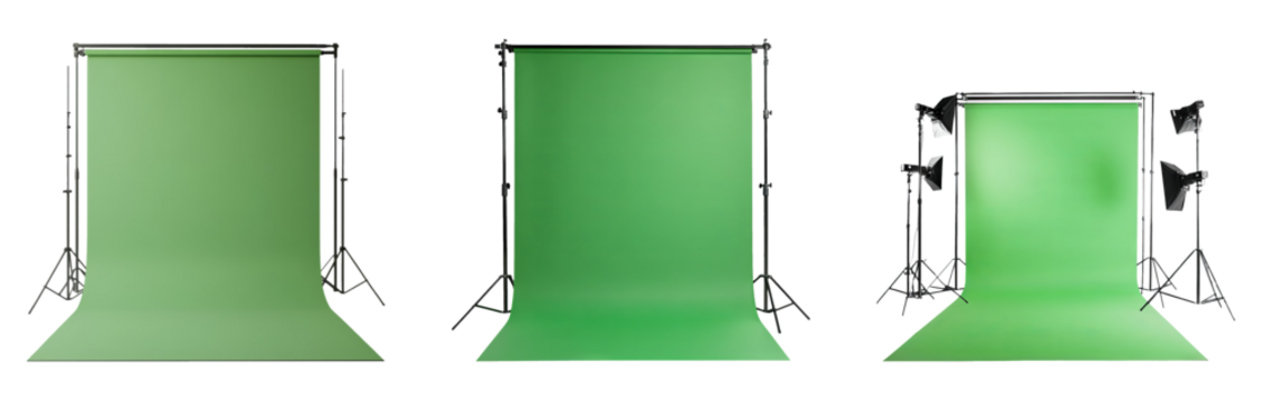 Green backdrop setup for photography with studio lighting on transparent