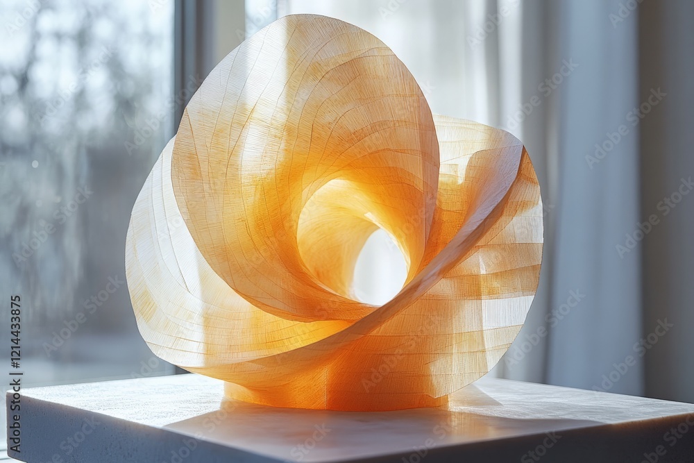 Poster Elegant translucent sculpture showcasing intricate curves and warm lighting in a serene indoor setting