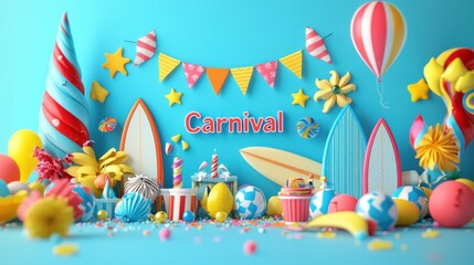 Obraz premium Colorful 3D Rendering of a Vibrant Carnival Beach Party Scene with Surfboards, Balloons, and Decorative Elements