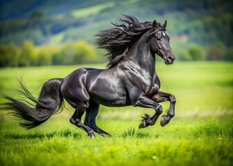 Majestic Black Friesian Stallion Galloping Across Lush Green Pasture - Stock Photo