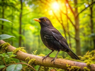 Obraz premium Majestic Black Bird Perched on Branch in Lush Woodland - Drone Aerial View