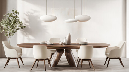 Stylish dining room with walnut wood table and cream chairs, featuring modern pendant lights and minimalist design. perfect blend of elegance and comfort