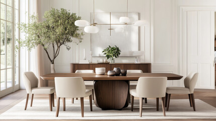 Stylish dining room featuring walnut wood table, cream chairs, and elegant decor. space exudes sophistication and warmth, perfect for gatherings