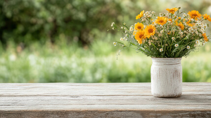 vibrant flower arrangement in rustic jar on wooden table, evoking warmth