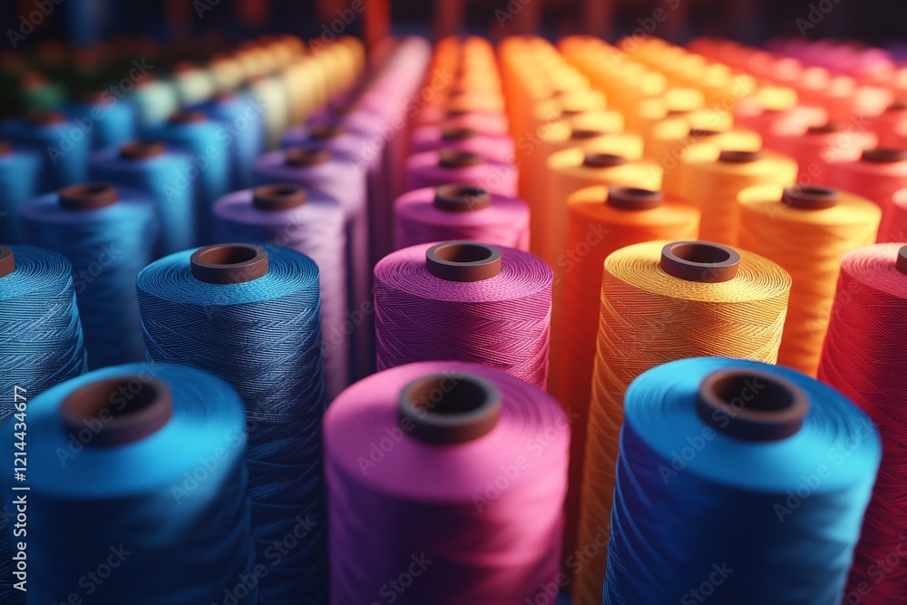 Poster Colorful spools of thread arranged in a vibrant display at a textile workshop during daylight