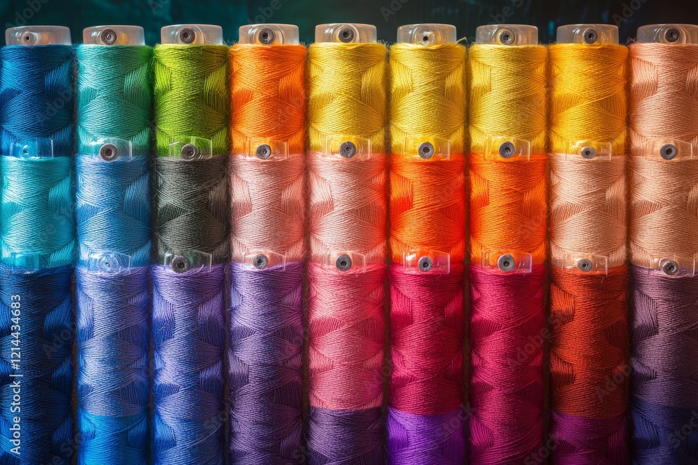 Aufkleber colorful spools of thread arranged in a vibrant display for textile enthusiasts in a crafting studio