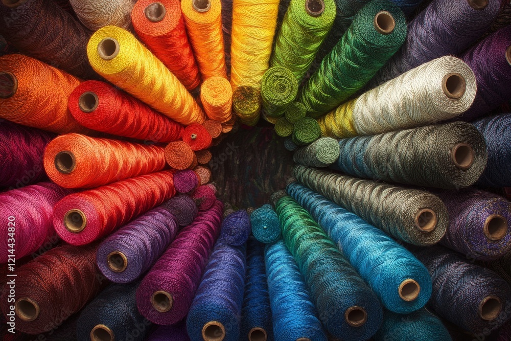 Poster Vibrant collection of colorful sewing threads arranged in a circular pattern for creative projects