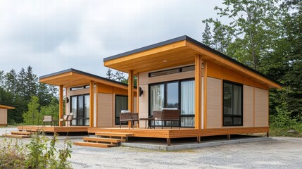 Fototapeta premium Modern Cabin Retreat: Two modern cabins with wooden exteriors and sleek design nestled amongst lush greenery. A picturesque setting for a tranquil escape.