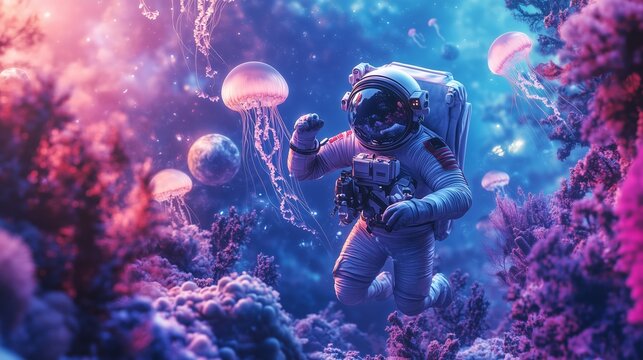 Space galaxies contained under the sea. An astronaut diver swims with jelly fish, the backdrop contains coral reefs as well as planets with rings, moon and iridescent stars.