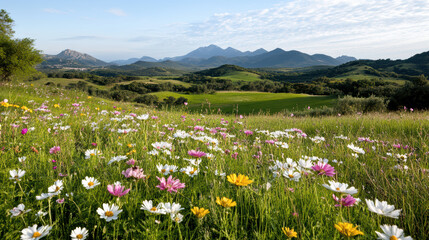 Obraz premium vibrant flower field with colorful blooms and rolling hills in background