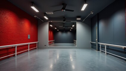 A striking medium shot captures a grand, square mirror at the heart of a dark blue sanctuary. It reflects ornate ceiling fans above, while a vivid red brick wall adds contrast on one side