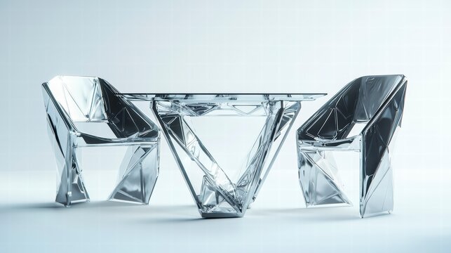 A minimalist dining set with a futuristic aesthetic, featuring two angular chairs and a geometric table with a crumpled metal surface.