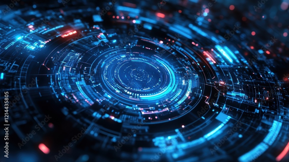 Poster complex digital interface showing rotating circular data visualization with glowing blue and red lig
