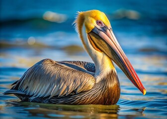 Fototapeta premium Majestic Brown Pelican Swimming, Wildlife Portrait, Rule of Thirds Composition