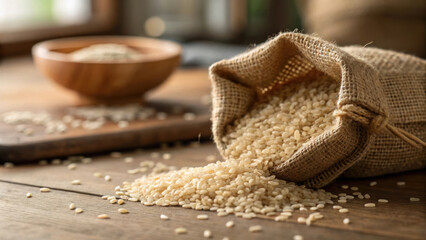 Fresh white rice grains spilling from burlap sack on wooden table