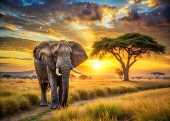 Obraz premium Majestic Bull Elephant Walking in African Savanna - Wildlife Photography
