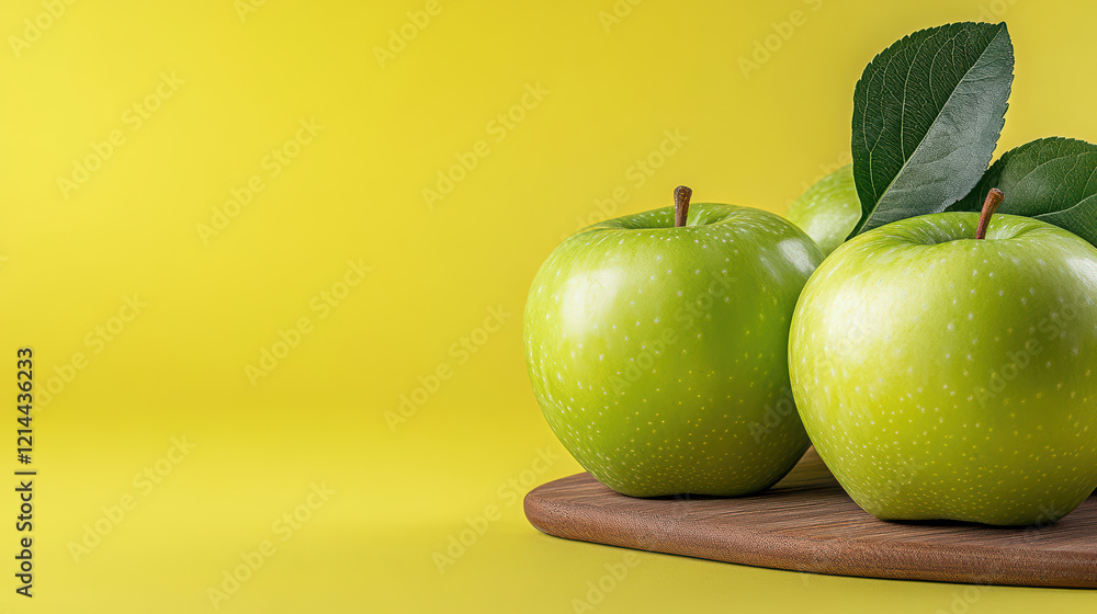 Sticker Fresh green apples on wooden board with vibrant yellow background