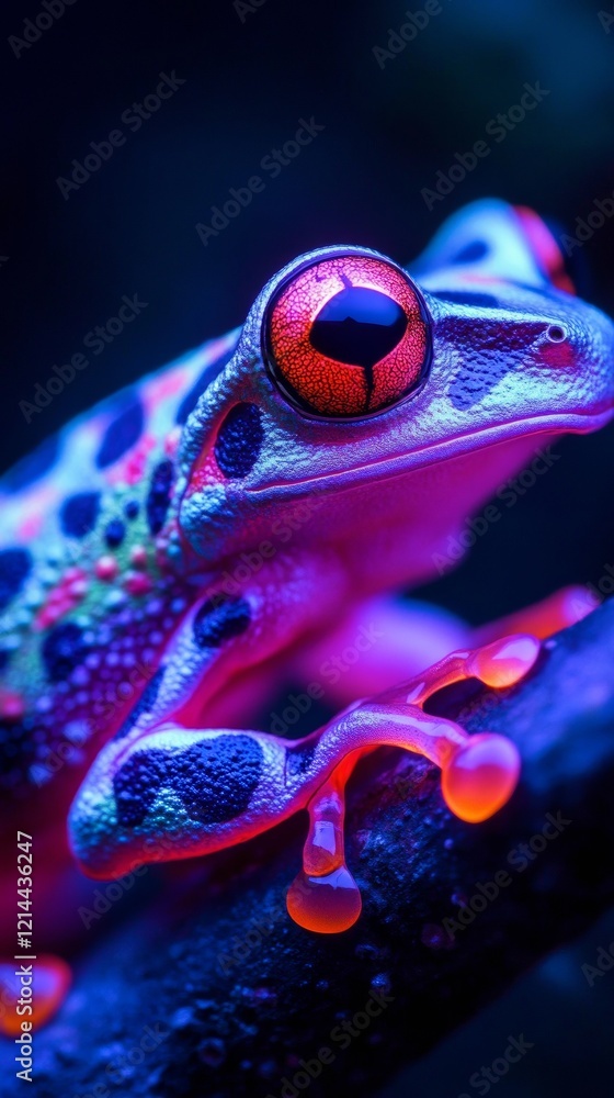 Poster exotic frog with vibrant colors resting on a branch in a nocturnal setting, creating a captivating a