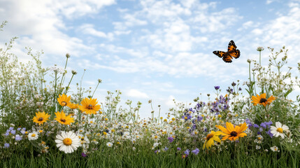 vibrant garden scene with colorful flowers and butterfly flying