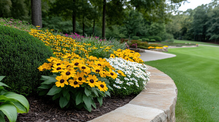 Obraz premium Vibrant garden scene with colorful flowers and lush greenery