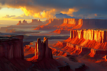 Amethyst-colored cliffs glowing under a warm topaz sunset. The rich colors blend nature's strength with a magical atmosphere