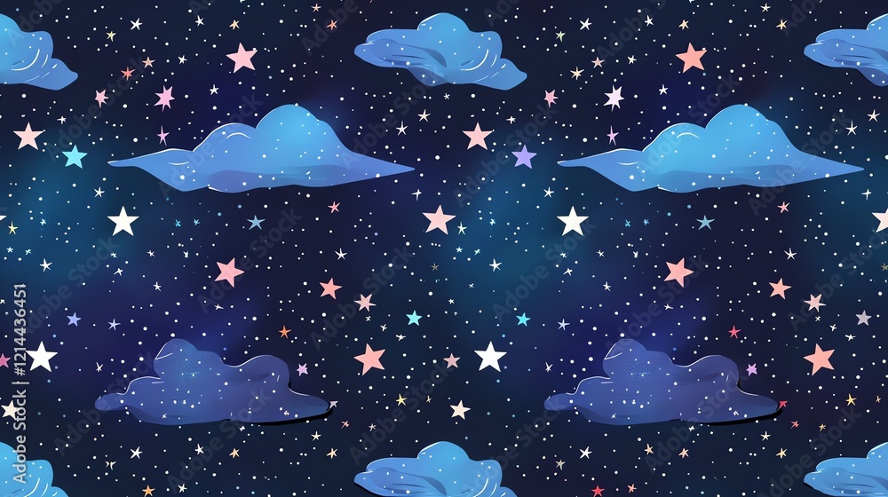 Poster a repeating pattern of clouds and stars.