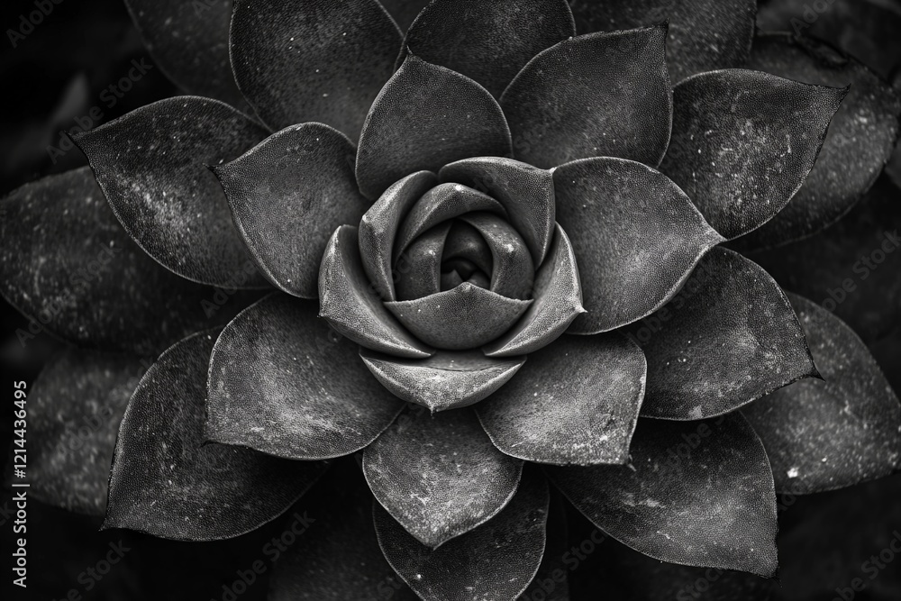 Poster close-up view of a succulent plant showcasing intricate leaf patterns in black and white