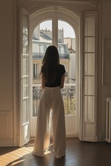 Girl in wide white pants and a black top stands by the window, with sunlight streaming through an arched French-style door. Room is filled with soft natural light