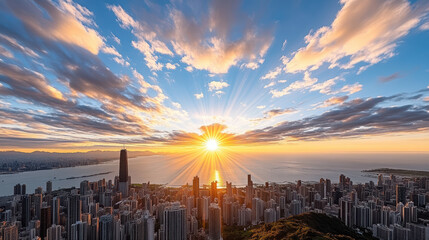 vibrant sunrise over bustling city skyline with dramatic clouds