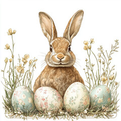 Vintage style Easter bunny surrounded by delicate wildflowers and floral-patterned pastel eggs on a white background in a charming and nostalgic holiday sticker design