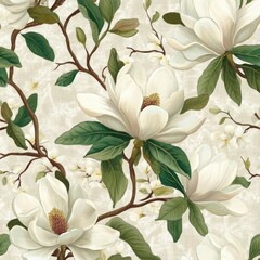 Elegant white magnolia blossoms and branches on beige textured background.