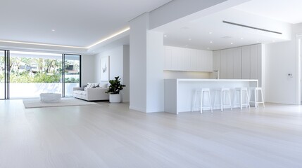 Obraz premium Modern white apartment interior design, open plan living and kitchen, luxury real estate