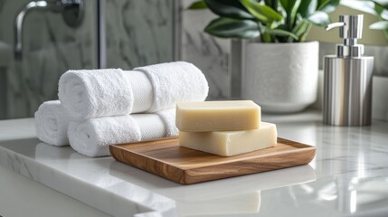 Organic soap bars, white towels, wooden tray, glass soap dispenser composing minimalist bathroom styling with natural wellness vibe